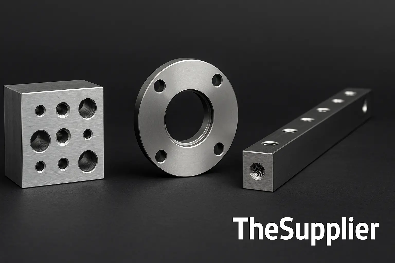 CNC drilling collage – multiple drilled components including aluminum block, flange, and bar – TheSupplier