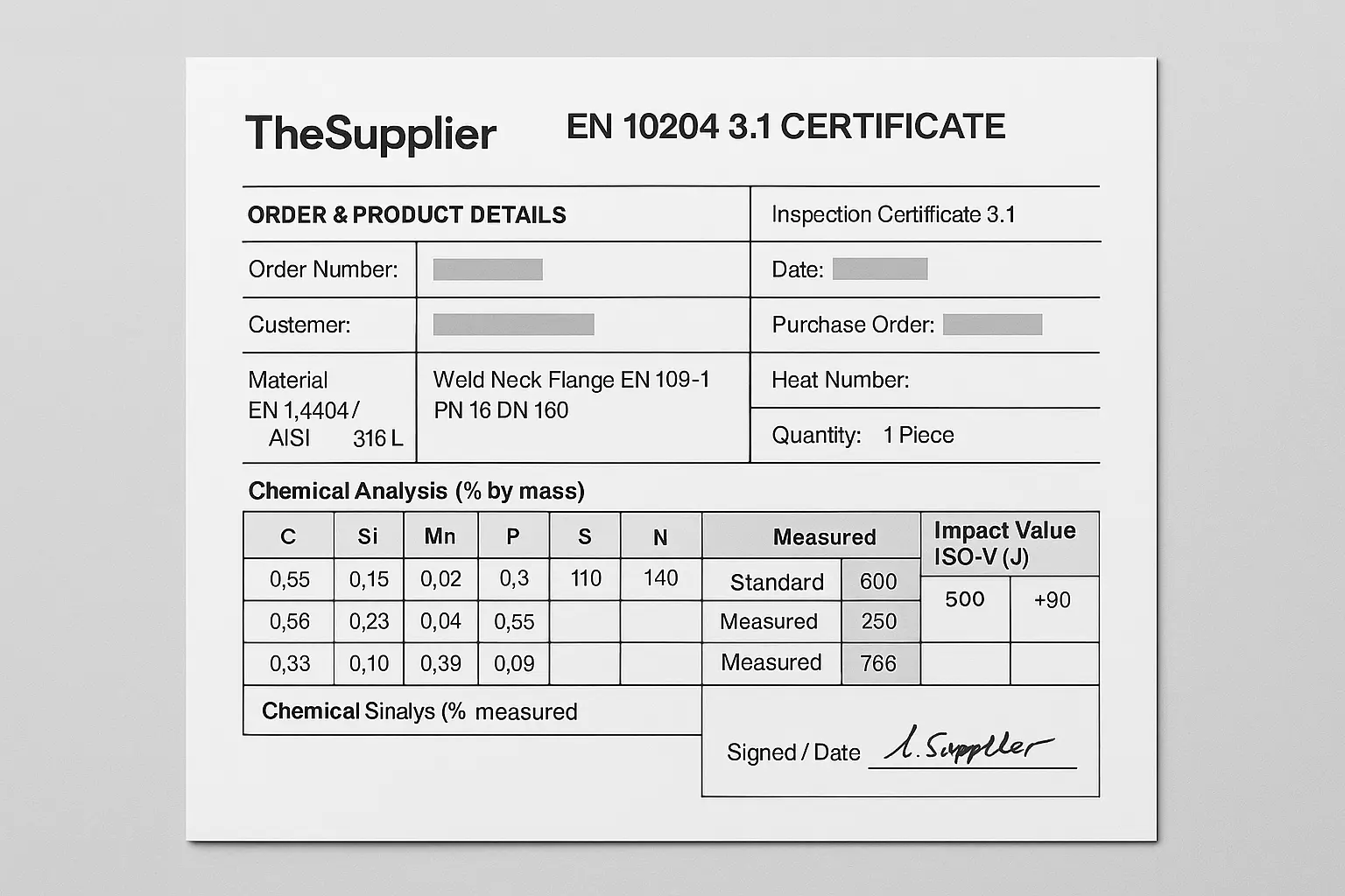 EN 10204 3.1 certificate example for EN 1092-1 flange — TheSupplier