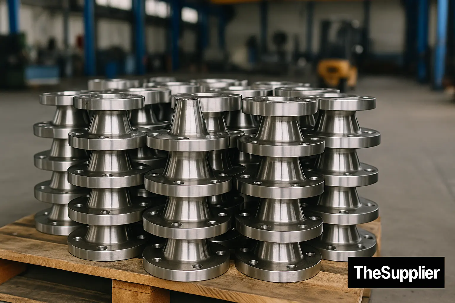 Stack of EN 1092-1 weld neck flanges PN16 on pallet — TheSupplier