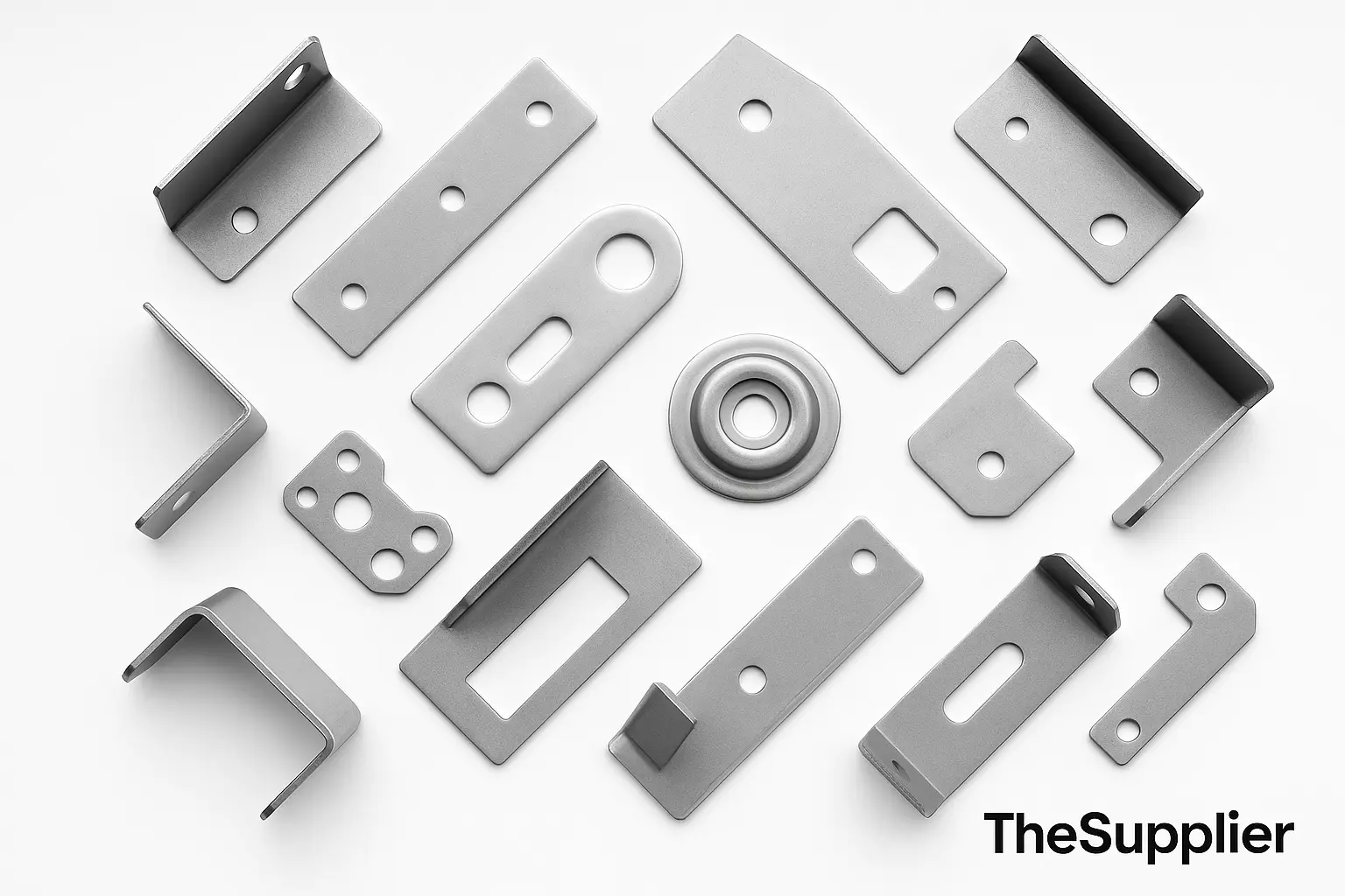 TheSupplier sheet metal stamping and laser-cut bending components — precision pressed parts on white background