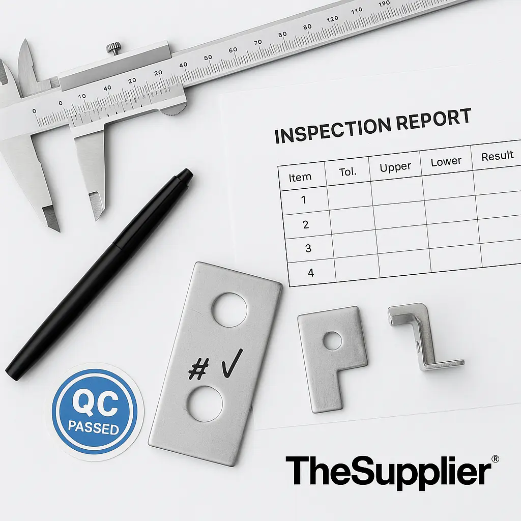 TheSupplier quality inspection with caliper, inspection report, and QC passed stamping parts