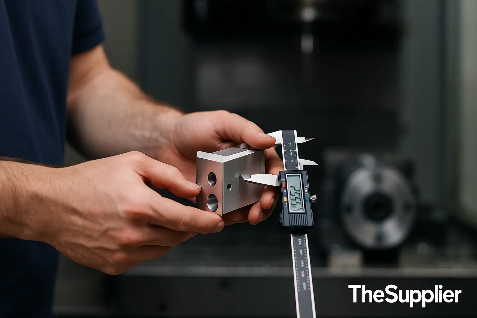 CNC tolerances — machinist checking milled block with digital caliper — TheSupplier