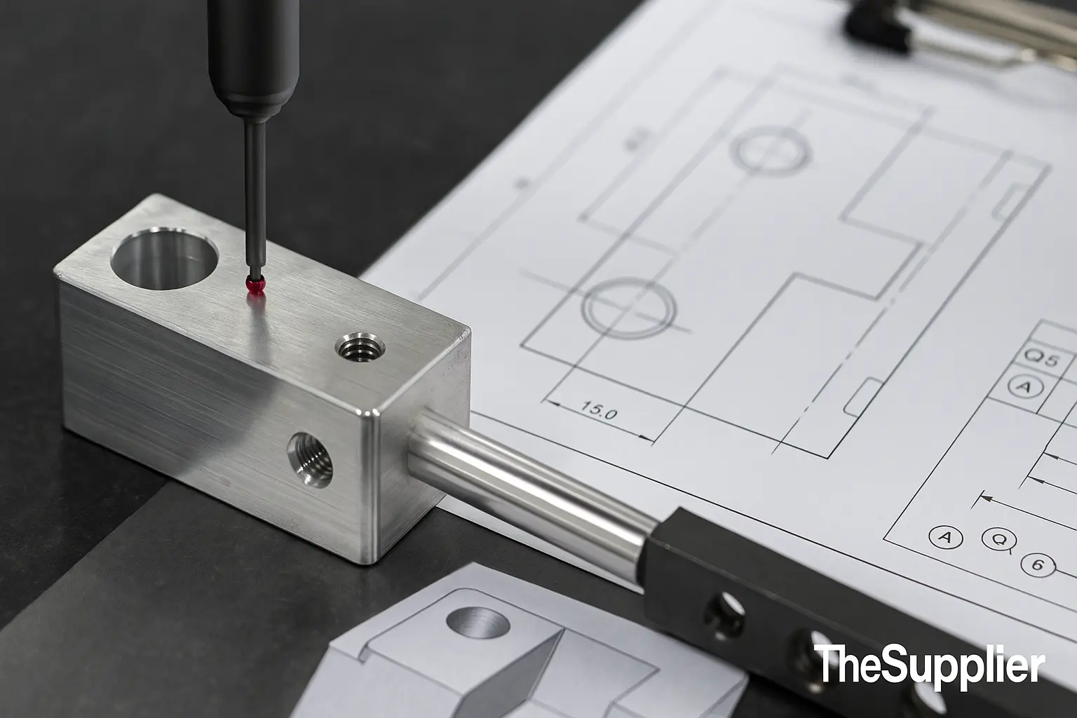 CMM probe measuring CNC milled component with ballooned drawing for tolerance verification — TheSupplier