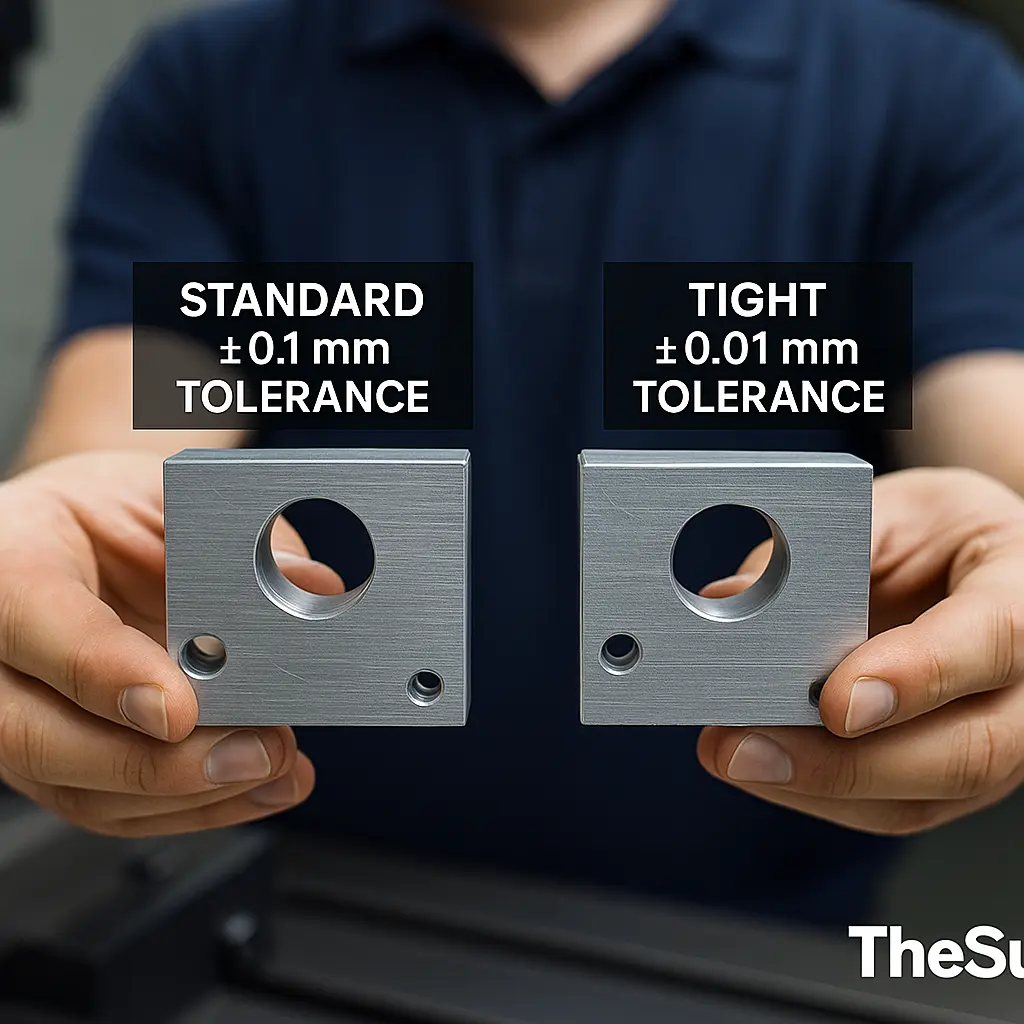 Side-by-side CNC machined parts showing cost difference between standard ±0.1 mm tolerance and tight ±0.01 mm tolerance — TheSupplier