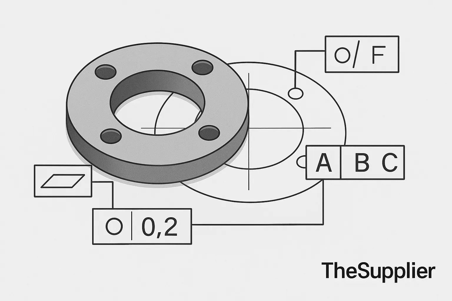 Feature image for GD&T in CNC machining blog — flange with datums A B C illustrating flatness, perpendicularity, and true position