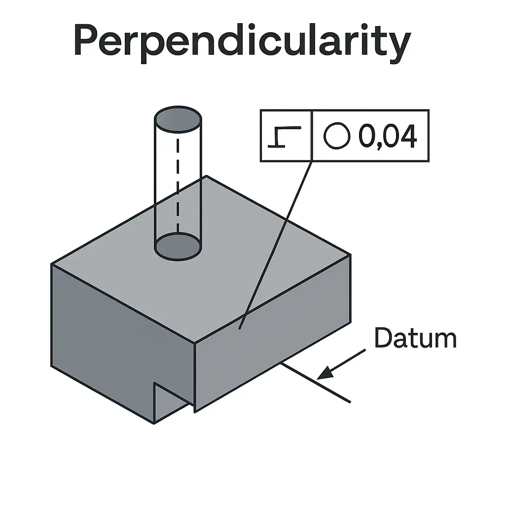 Perpendicularity tolerance controlling a bore axis square to the datum face