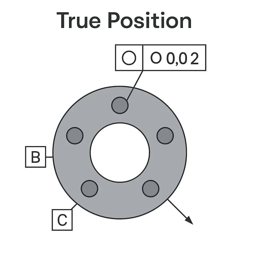 True position tolerance of a bolt-circle located by datums A B and C