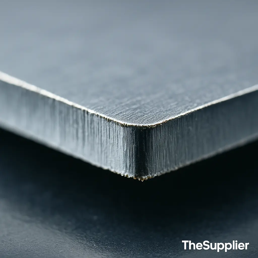 Laser cut edge close-up — clean profile with light burr, thin gauge sample — TheSupplier