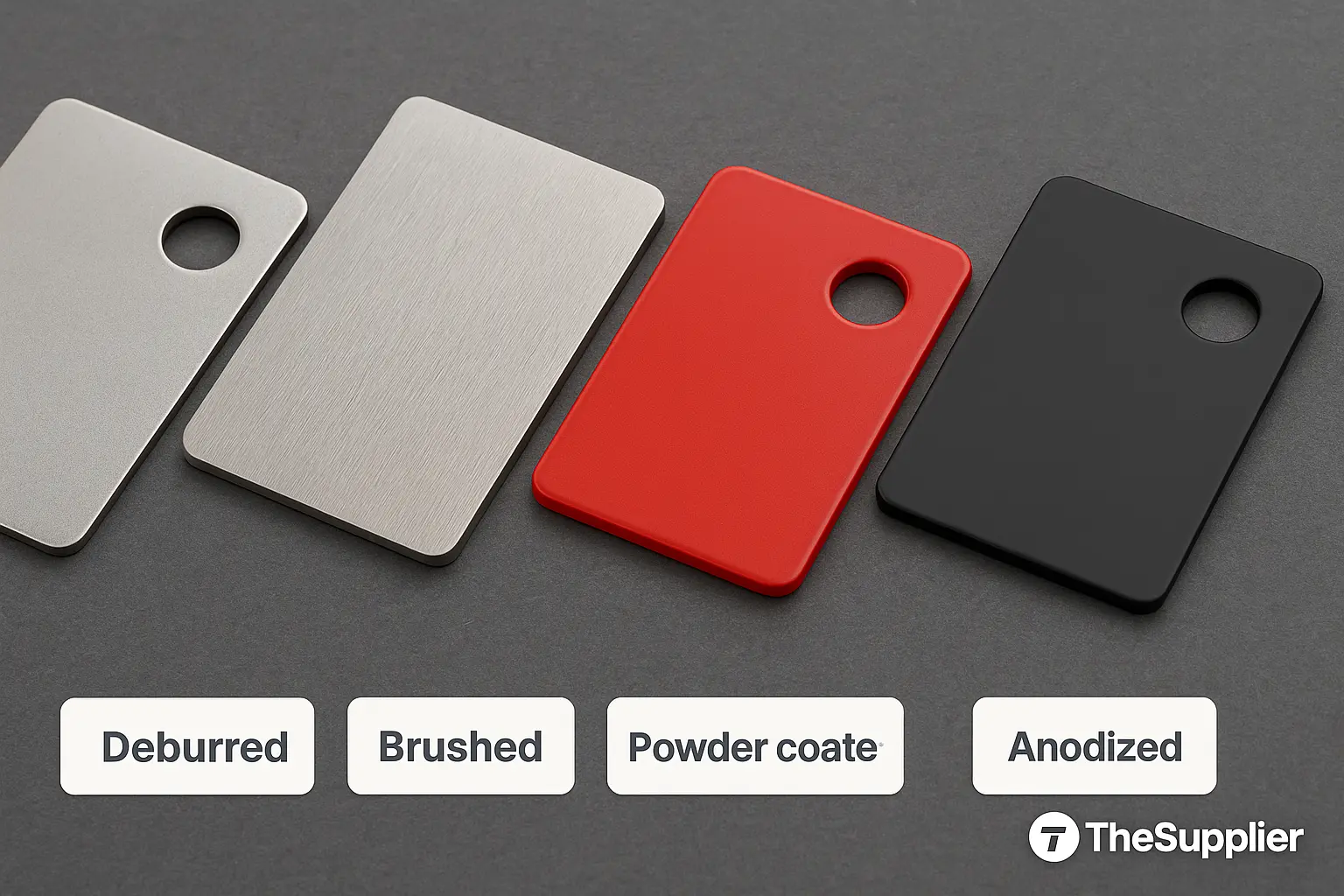Finishing gallery — deburr, brushed finish, powder coat, anodize examples on sheet parts — TheSupplier