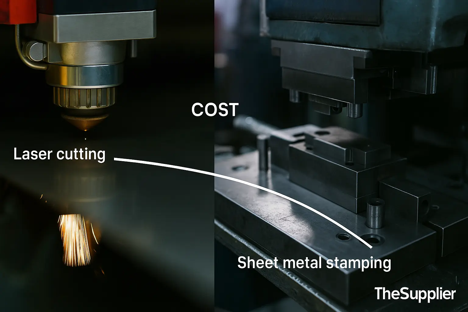 Cost comparison banner — laser cutting vs sheet metal stamping, showing break-even crossover — TheSupplier